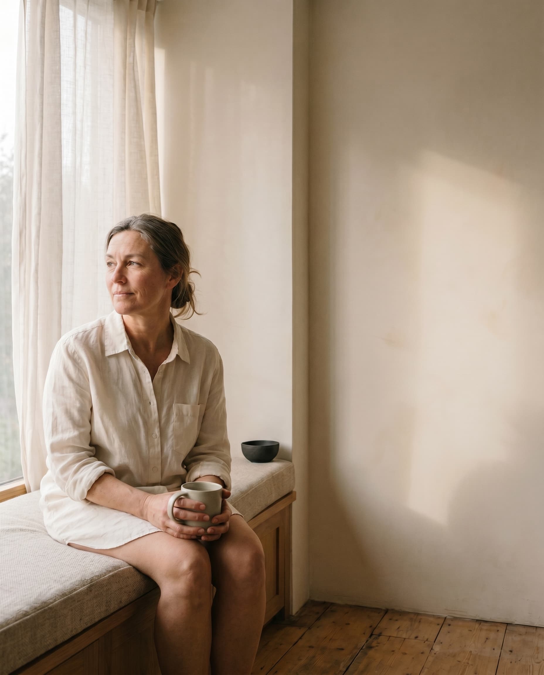 A woman in her late 40s sits at a quiet window seat in soft morning light, looking off-frame toward the window, holding a ceramic mug.