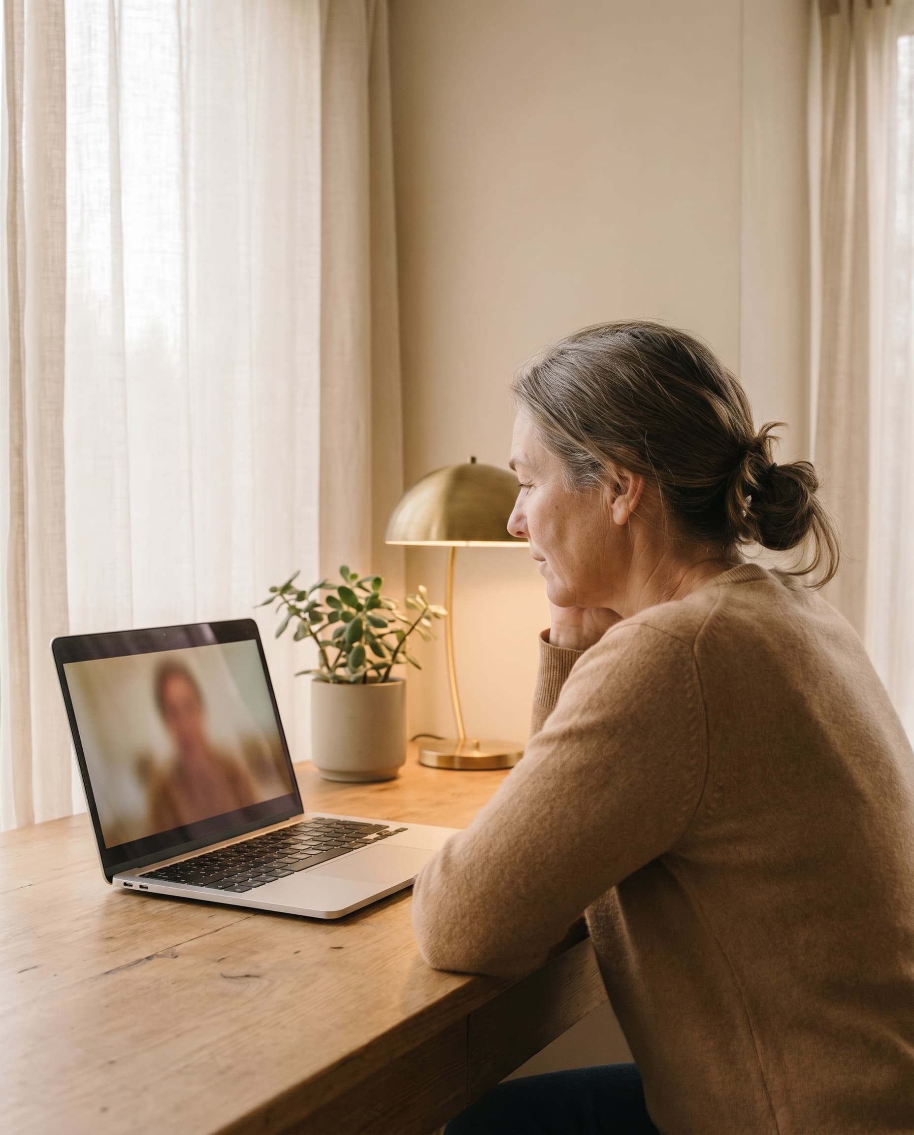 The same woman sits at a warm wood desk in a private consultation room, listening with focused attention to a clinician off-frame, a brass desk lamp and small plant nearby.