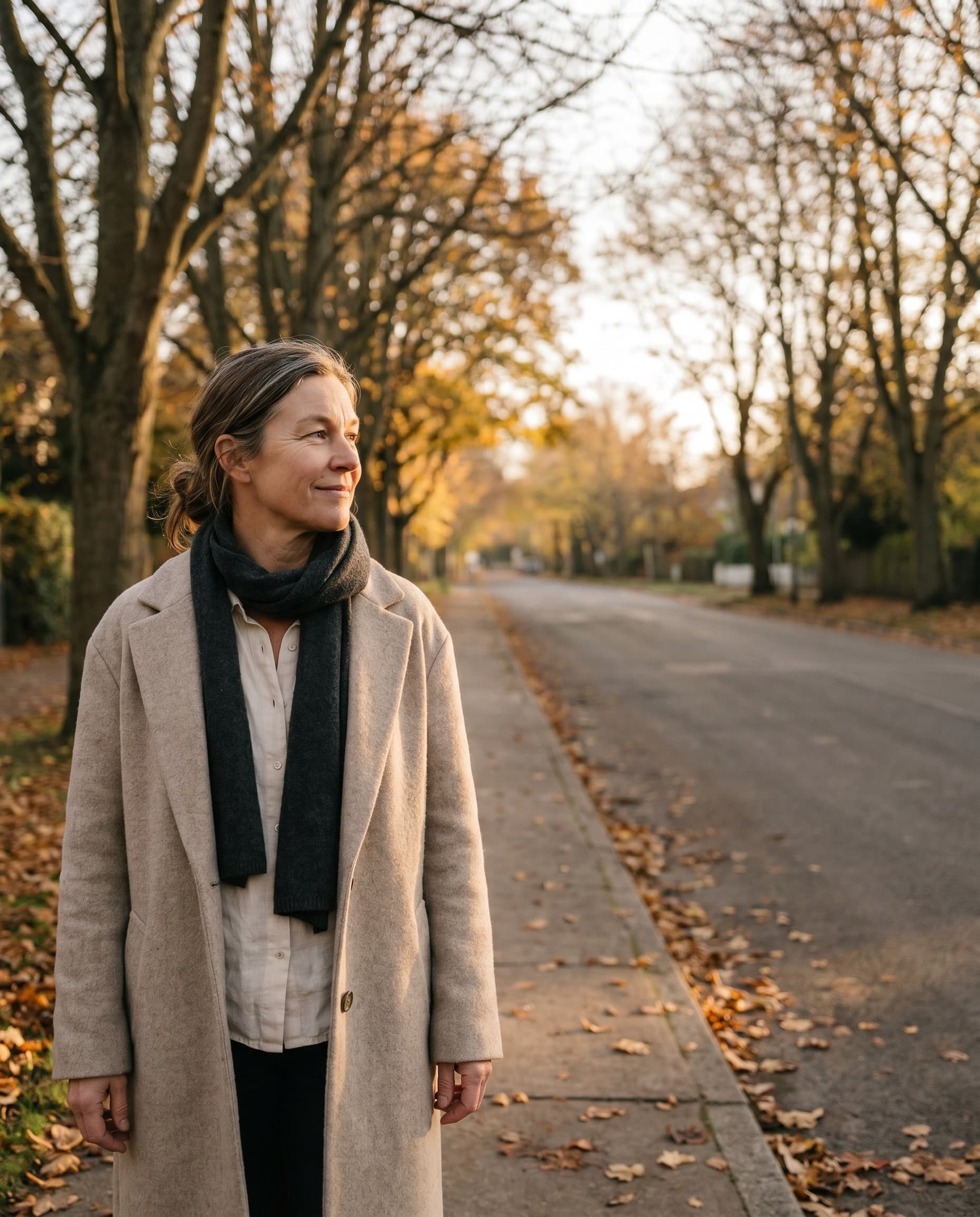 The same woman walks on a quiet residential street in autumn golden light, wearing an oat wool coat and charcoal scarf, with a small private smile.