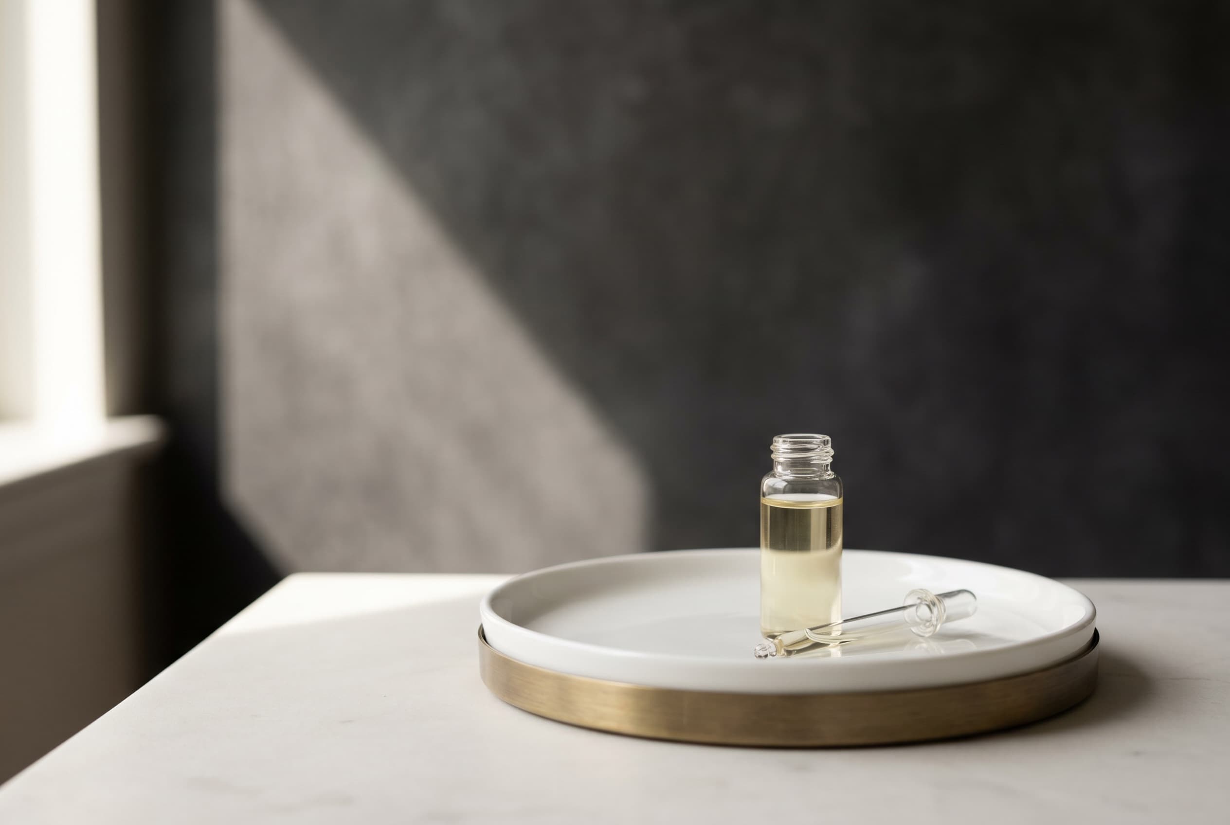 A single amber vial on a white porcelain dish, lit by one shaft of morning light.