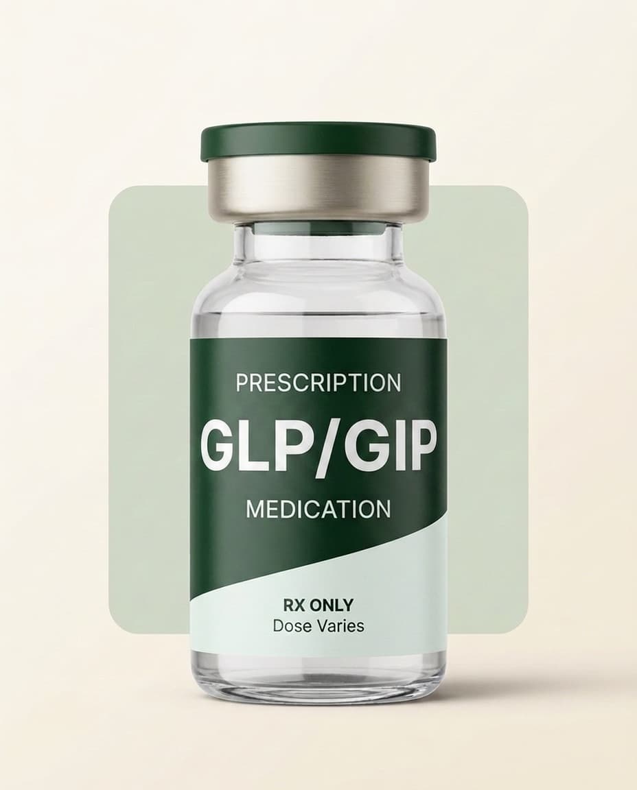 A prescription medication vial labeled GLP/GIP, on a cream surface