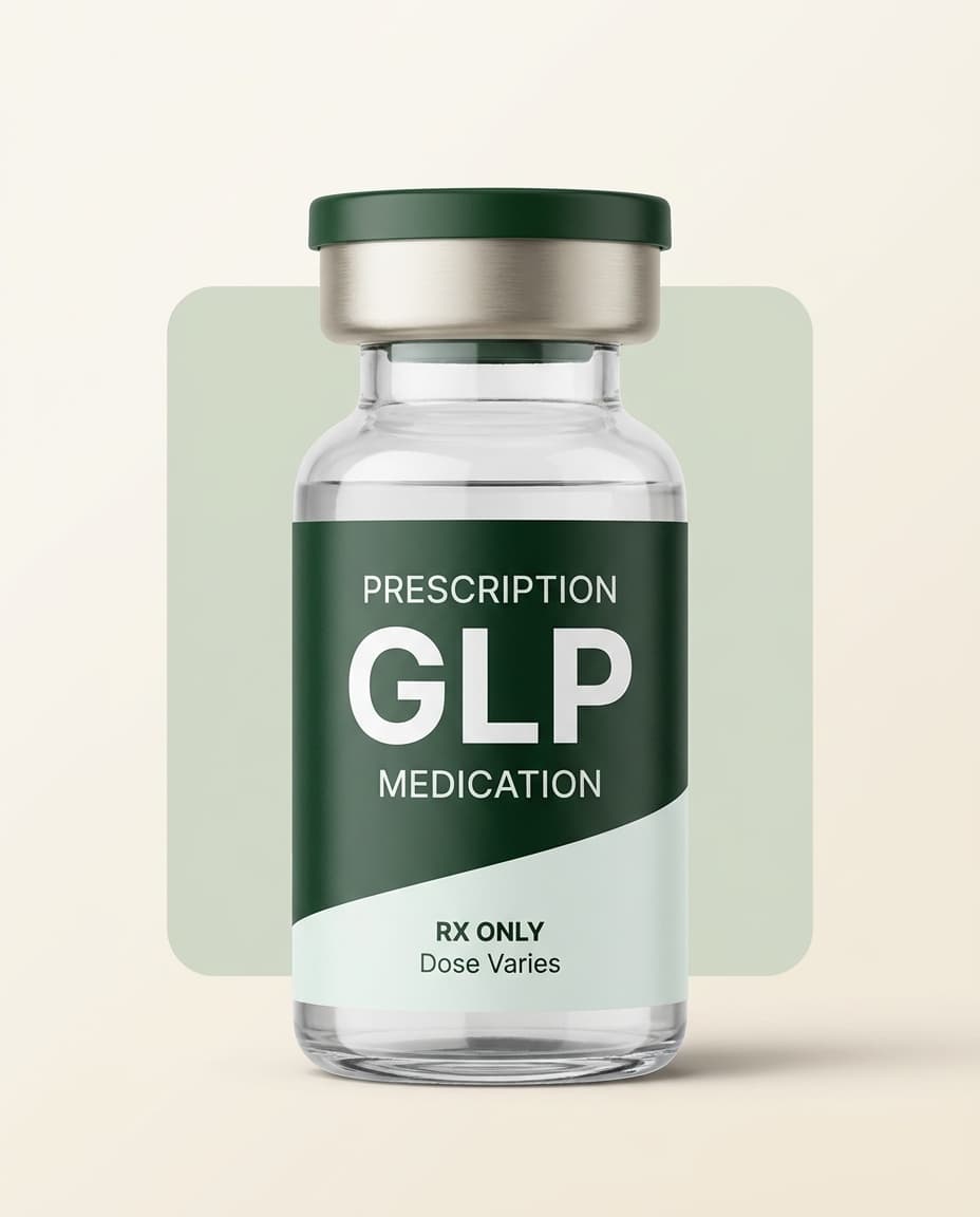 A prescription medication vial labeled GLP, on a cream surface