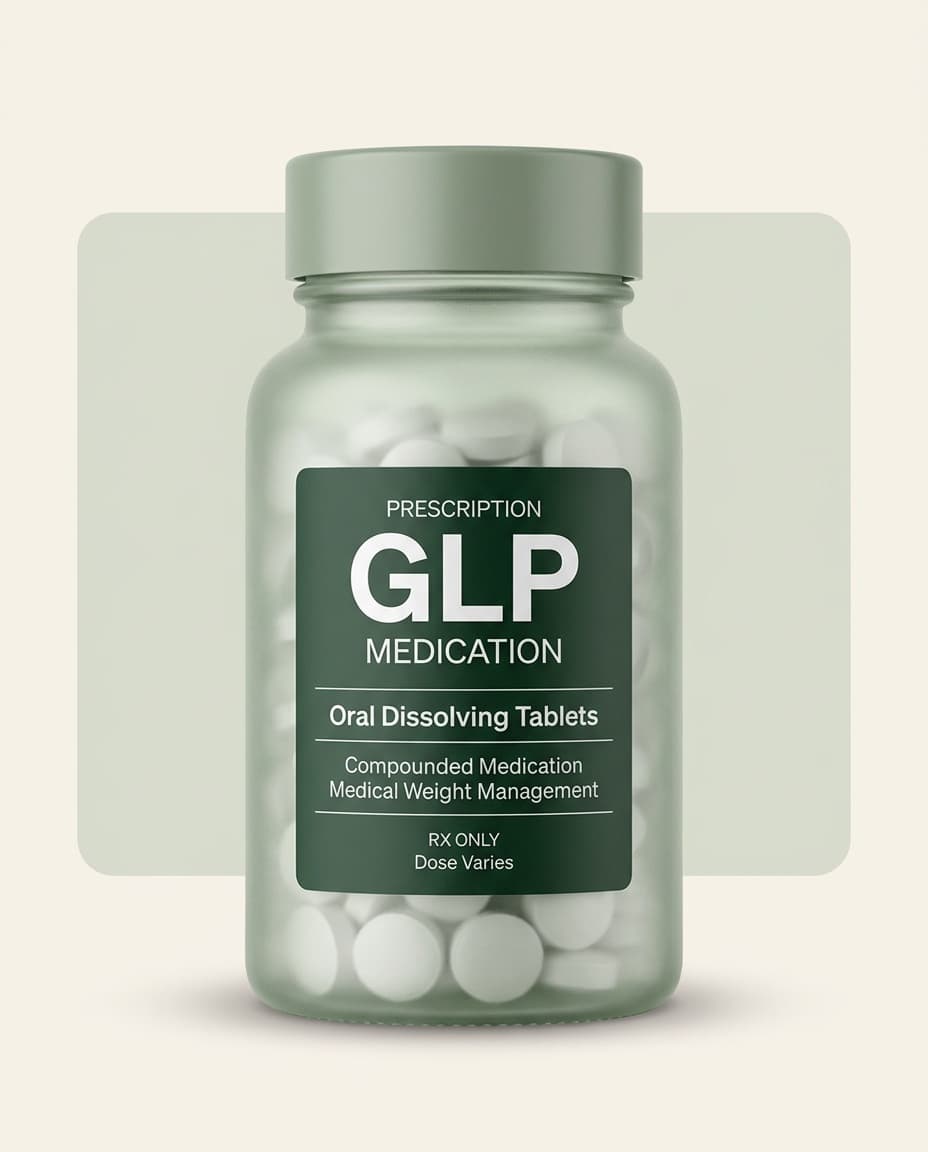 A prescription bottle of oral dissolving tablets, on a cream surface