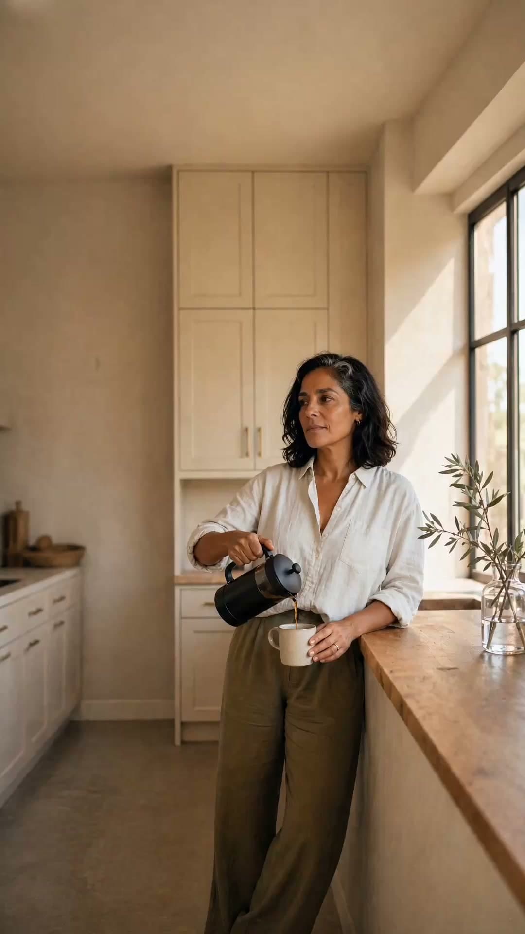 A woman in her late forties stands at an oak kitchen island in early morning light, mid-pour from a matte black French press, gaze turned toward the window.