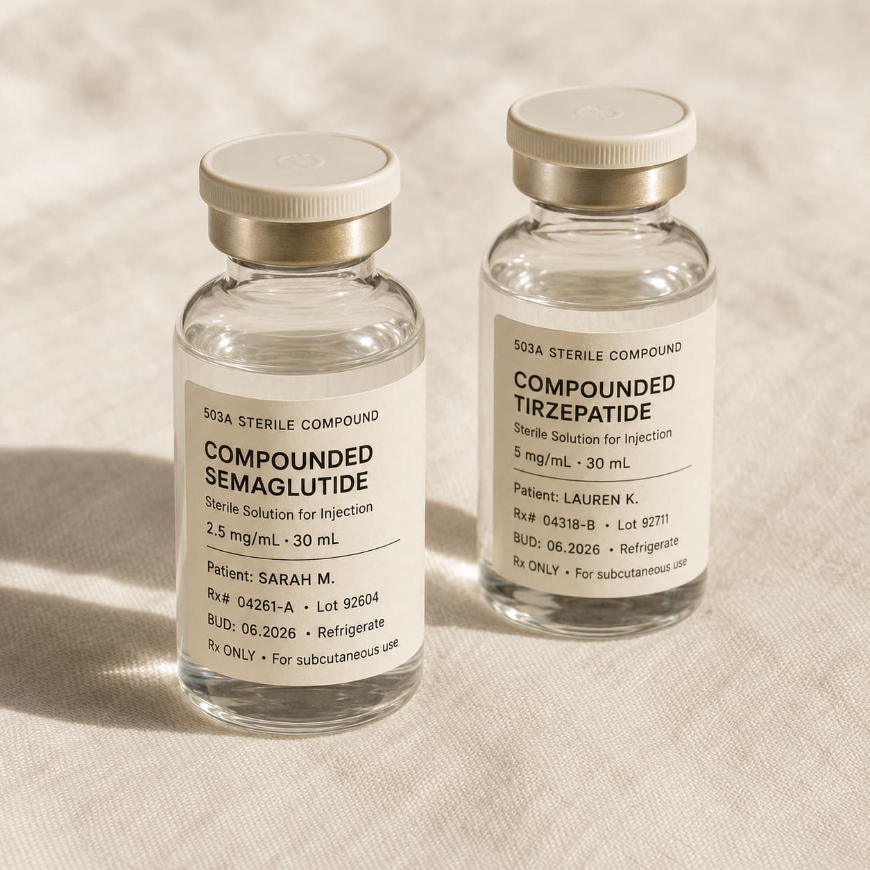 Two compounded GLP-1 vials on cream linen — semaglutide and tirzepatide as 503A sterile solutions in clear glass, each labeled with patient name, prescription number, lot number, and beyond-use date.